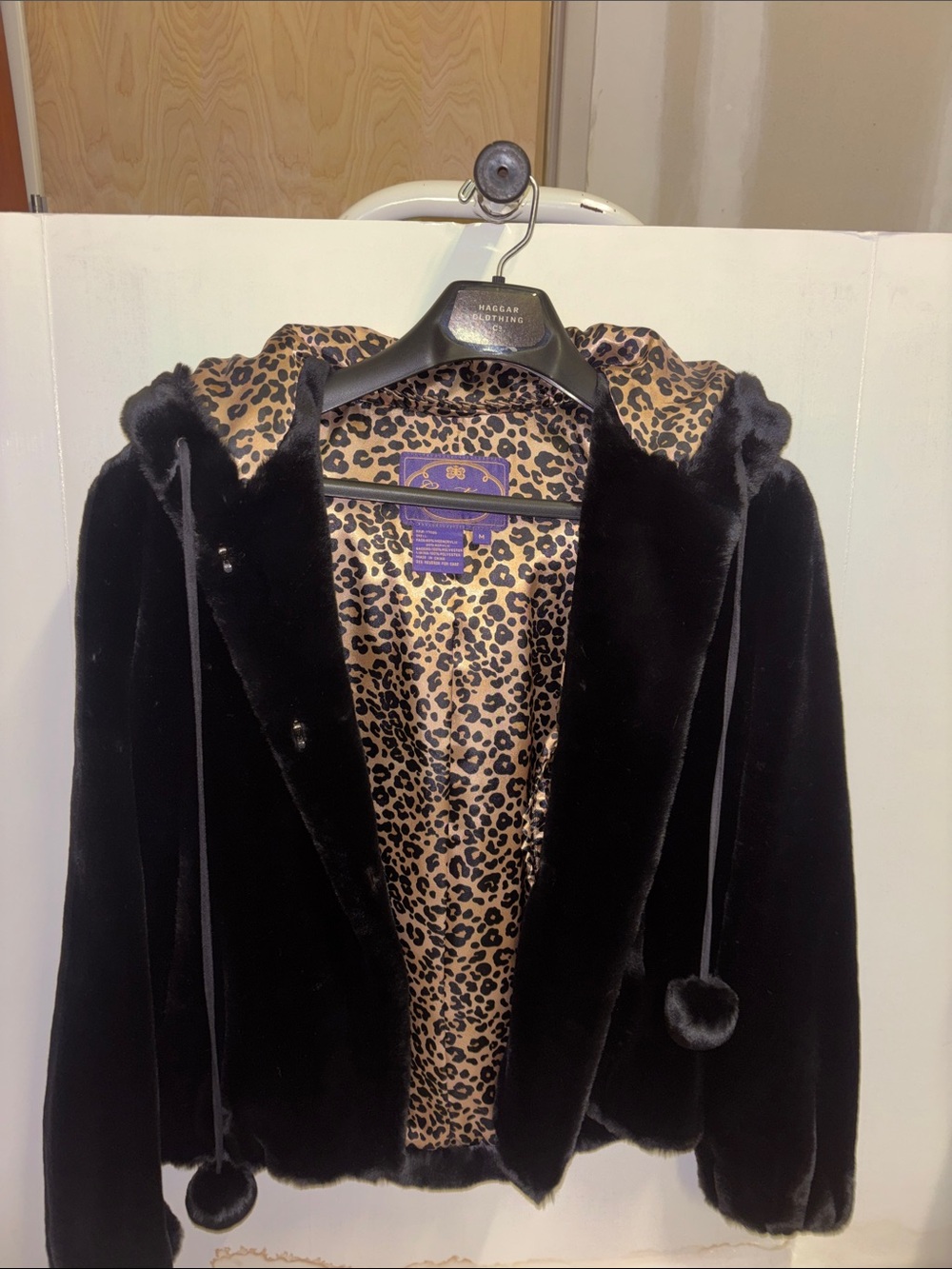 Black Faux-Fur Teddy Jacket with Leopard-Print Lining